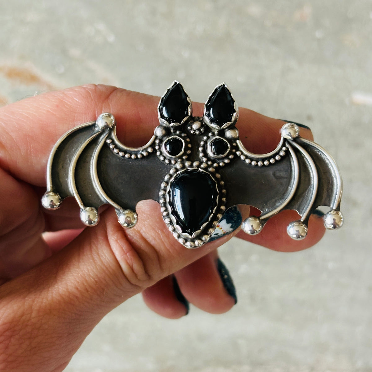 Navajo Readda Begay Sterling Silver & Black Onyx Bat Ring