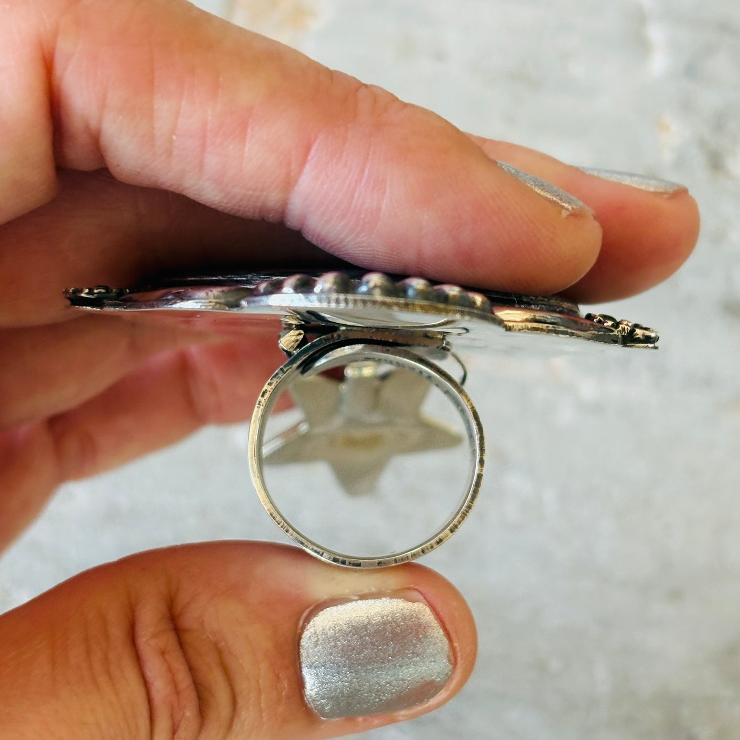 Navajo Hemerson Brown Sterling Silver & Abalone Shell Star Charm Ring