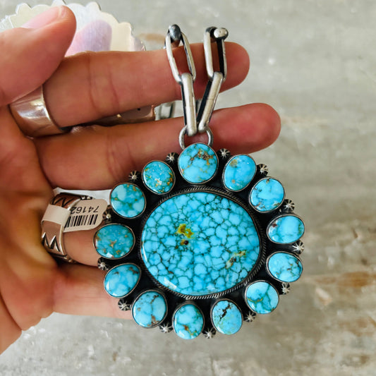 Navajo Freddie Maloney Sterling Silver & Birds Eye Kingman Turquoise Statement Necklace