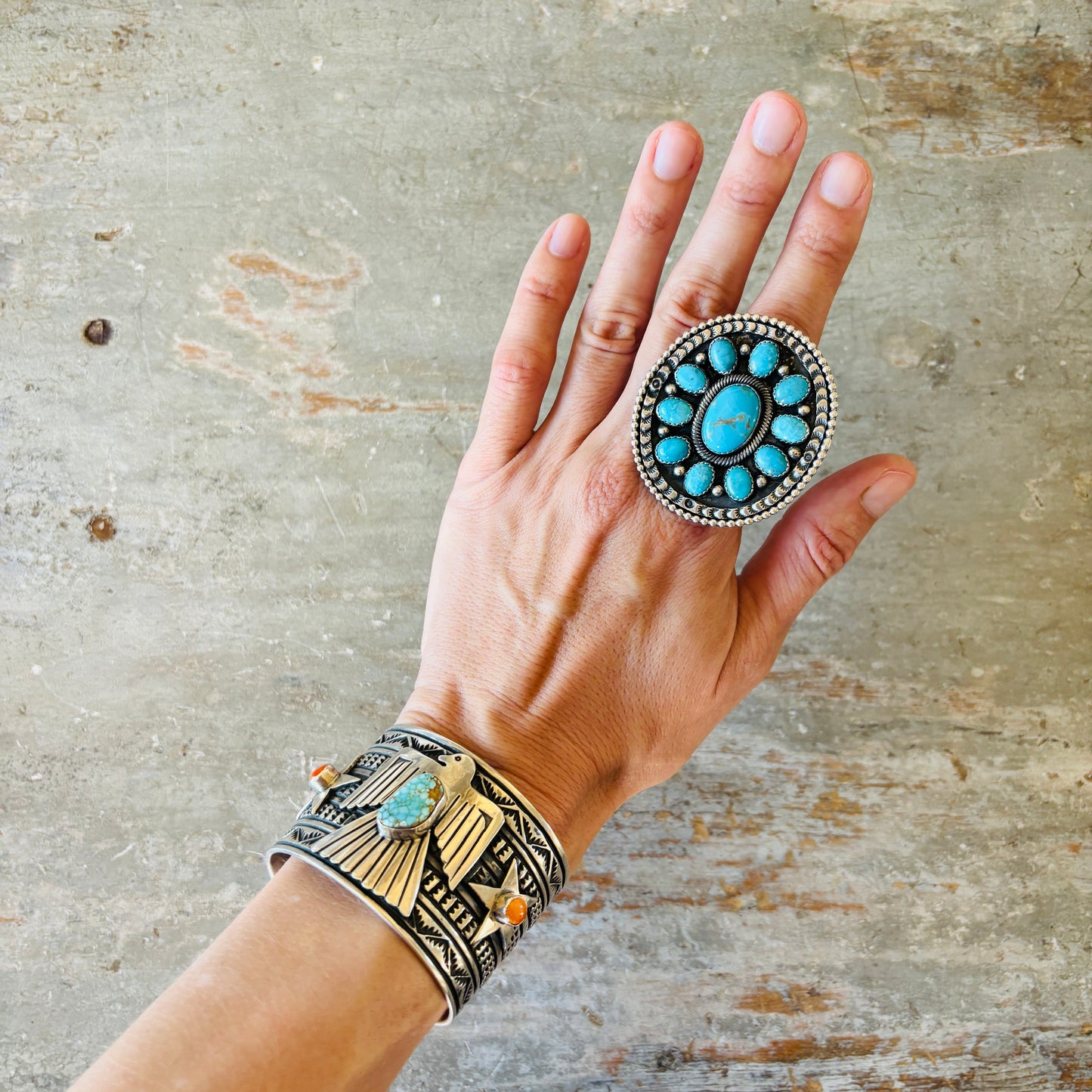 Navajo Braxton Parkett Sterling Silver & Kingman Turquoise Cluster Ring