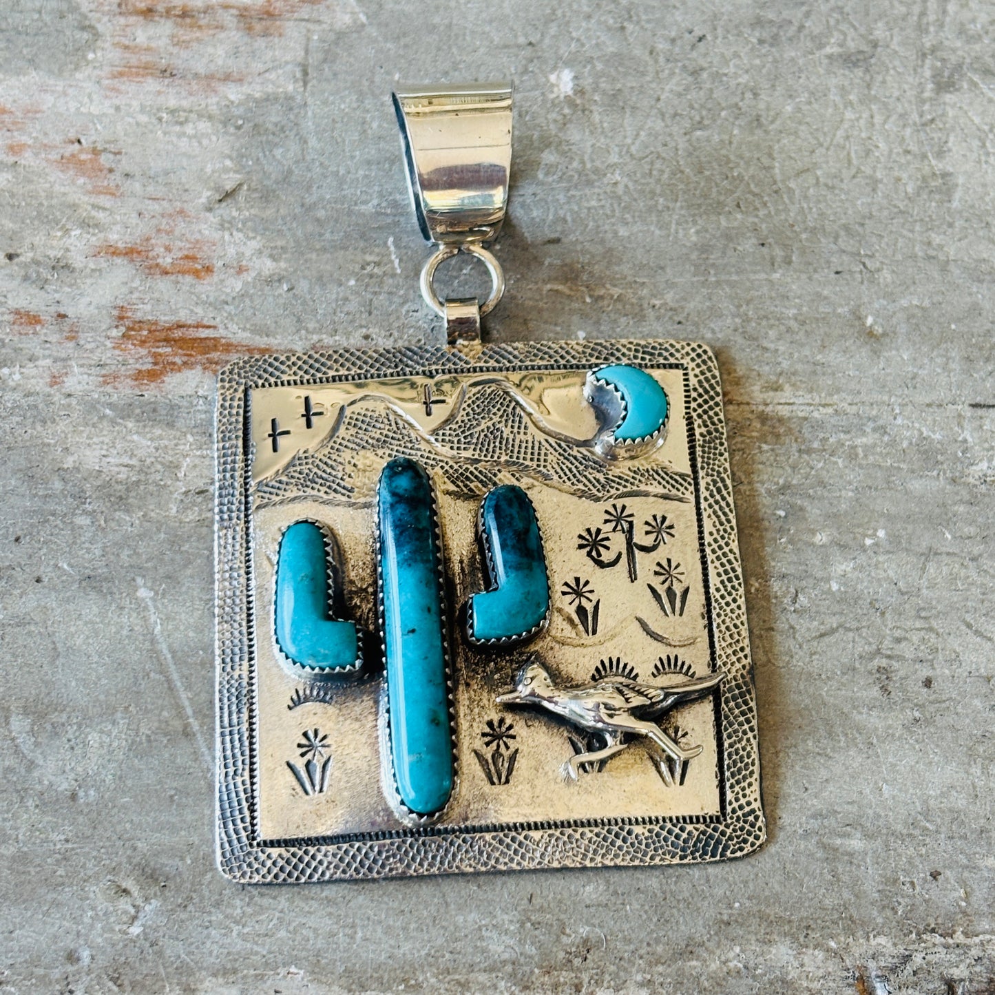 Navajo Hemerson Brown Sterling Silver & Kingman Turquoise Cactus Pendant