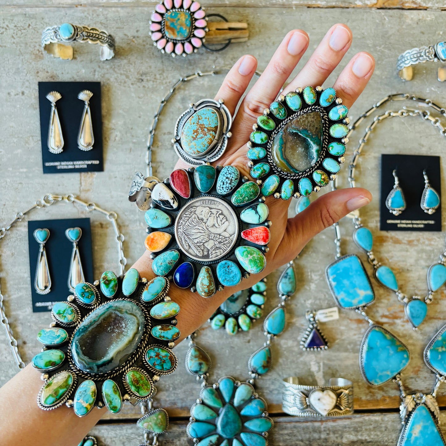 Navajo Robert Johnson Sterling Silver Multi Stone 1oz Silver Round Cluster Pendant