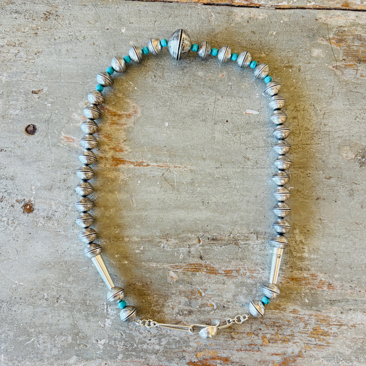 Navajo James McCabe Sterling Silver & Kingman Turquoise - Liberty Dime - Morgan Silver Dollar Beads Necklace