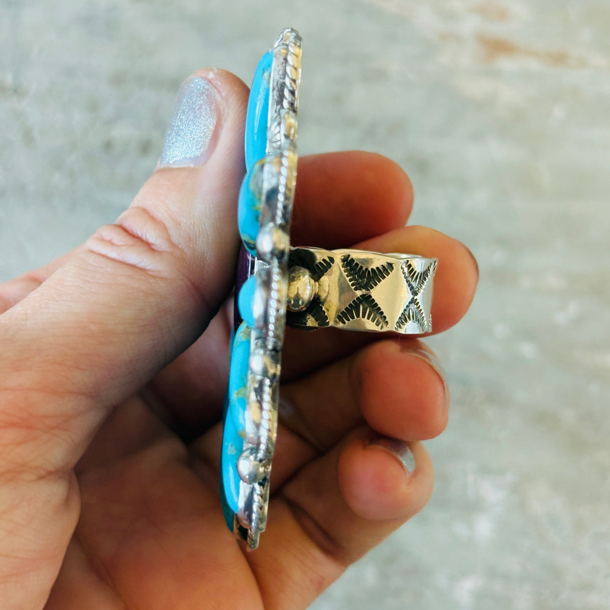 Navajo Tyler Brown Sterling Silver - Purple Spiny Oyster & Kingman Turquoise Heart Cluster Ring