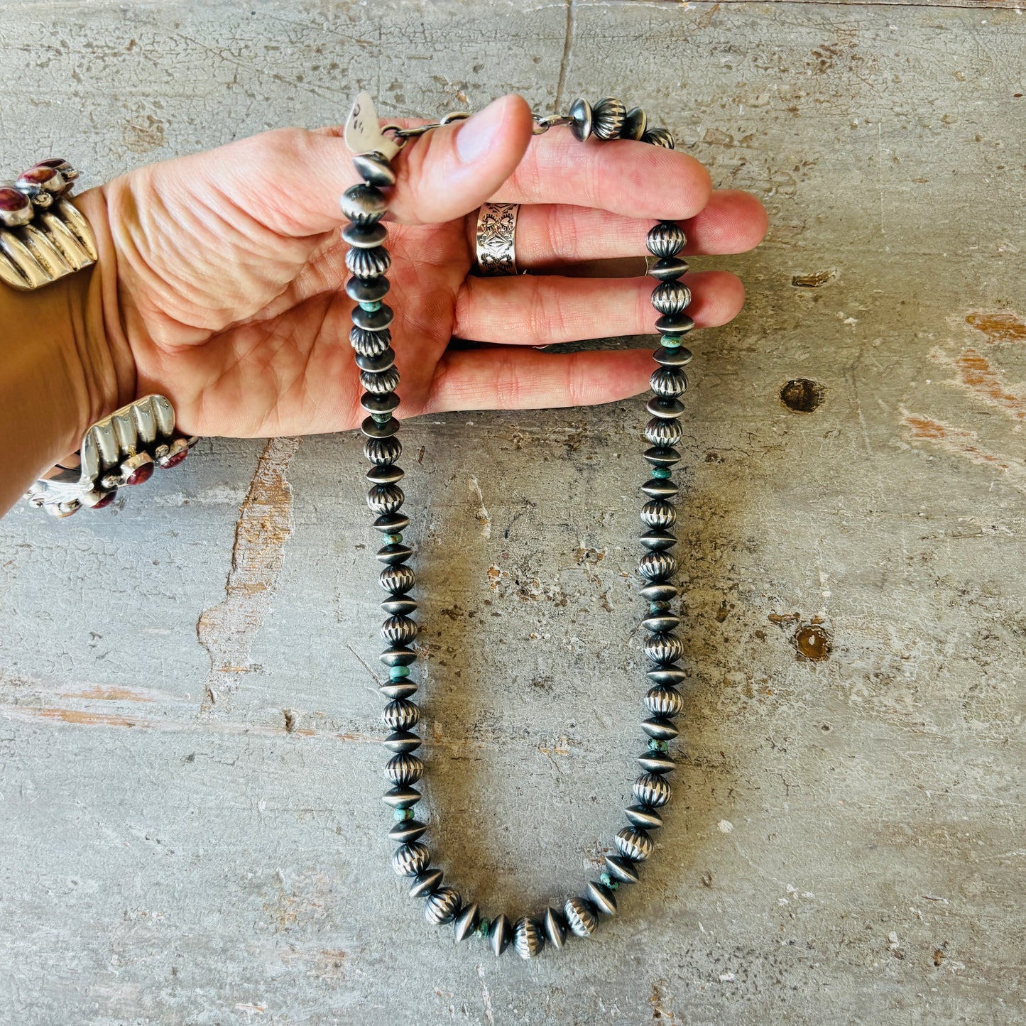 Navajo Preston Haley Sterling Silver & Kingman Turquoise 6mm Saucer - 9mm Fluted Handmade Pearls Necklace