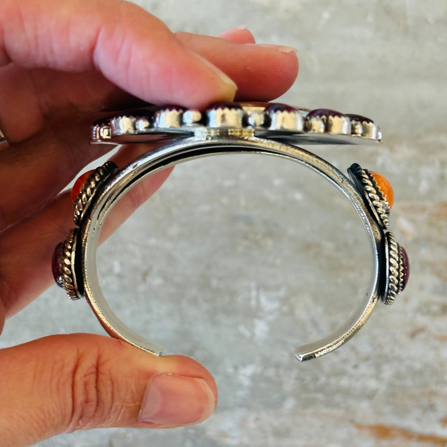 Navajo Hemerson Brown Sterling Silver - Abalone - Purple & Orange Spiny Cluster Cuff