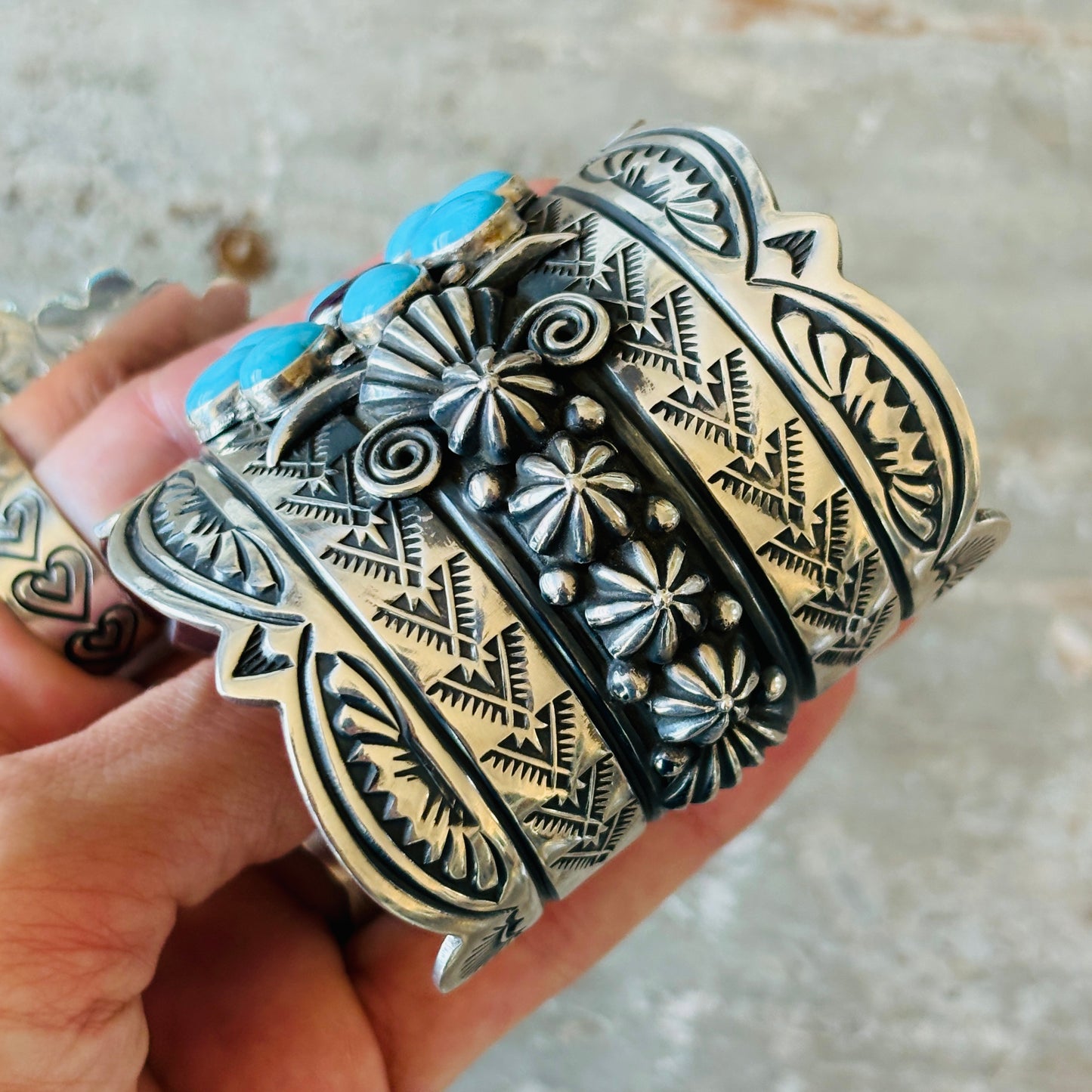 Navajo Delbert Gordon Sterling Silver - Purple Spiny Oyster & Sleeping Beauty Turquoise Statement Cuff