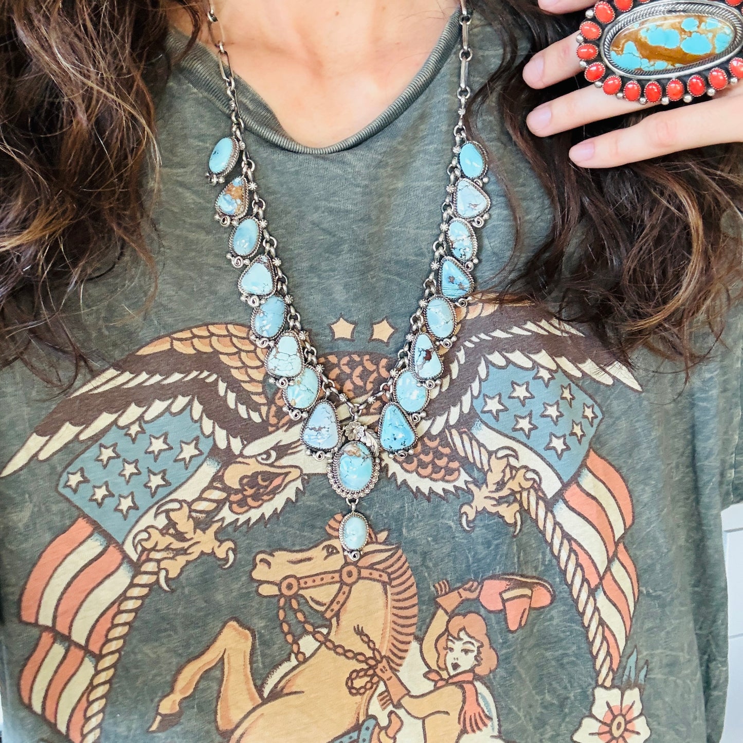 Navajo Brenda Jimenez Sterling Silver & Golden Hills Turquoise Waterfall Statement Necklace