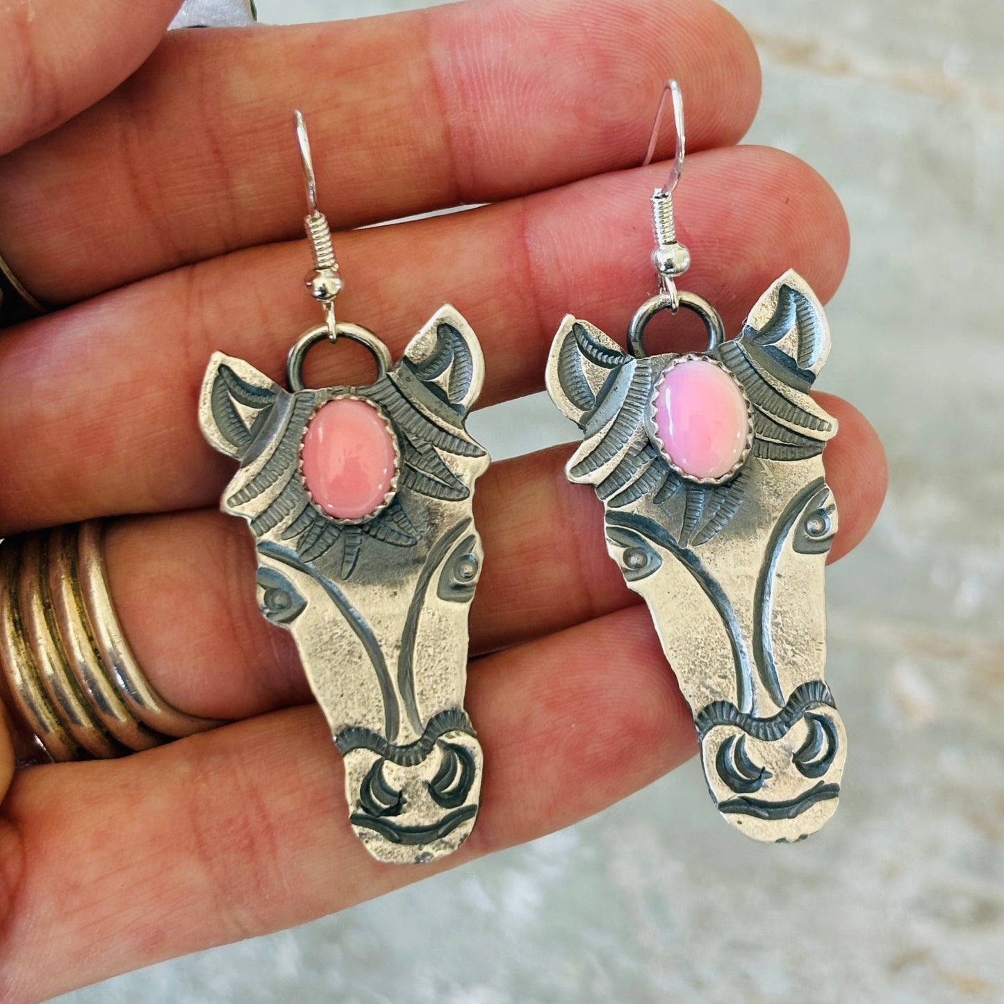 Navajo Kindale Billah Sterling Silver & Pink Conch Horse Earrings