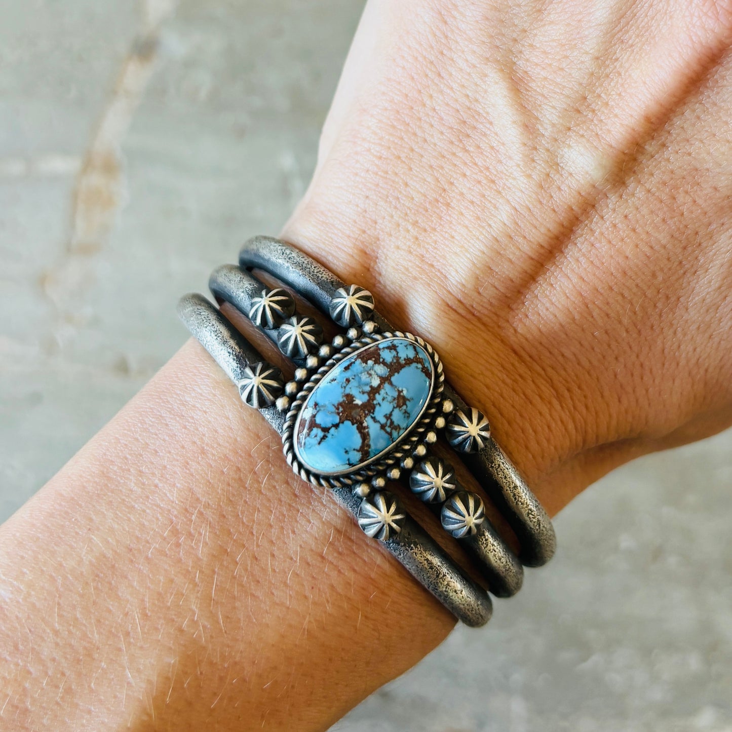 Navajo Herman Smith Sterling Silver & Golden Hills Turquoise Stacker Cuff
