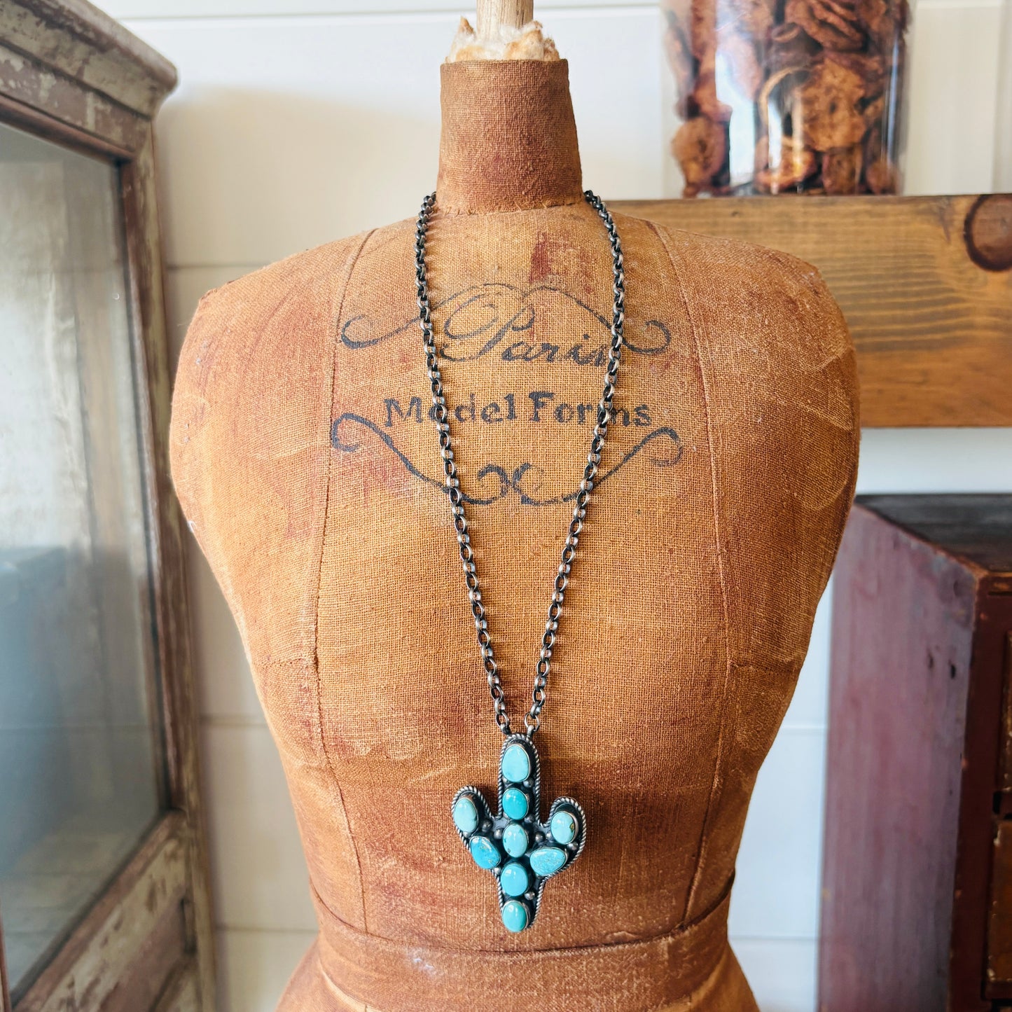 Navajo Antionette Martinez Sterling Silver & Mixed Turquoise Cluster Cactus Pendant Necklace