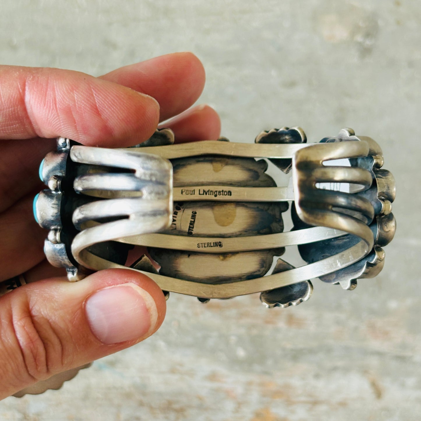 Navajo Paul Livingston Sterling Silver & Mixed Turquoise Cluster Cuff