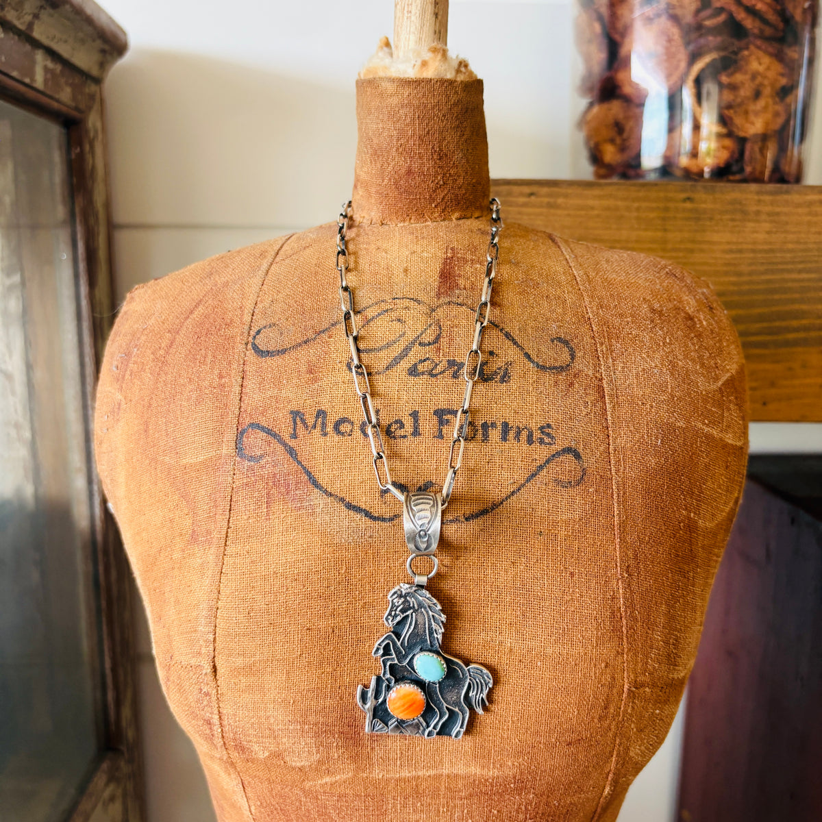Navajo Kindale Billah Sterling Silver - Orange Spiny & Kingman Turquoise Horse Pendant