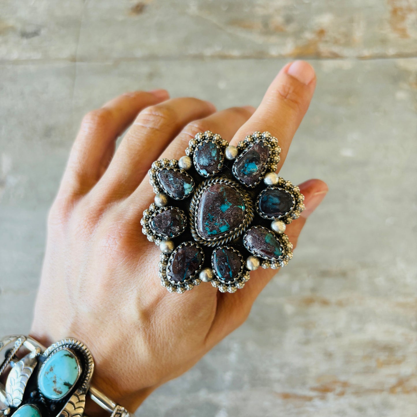 Navajo Chris Etsitty Sterling Silver & Bisbee Turquoise Cluster Ring
