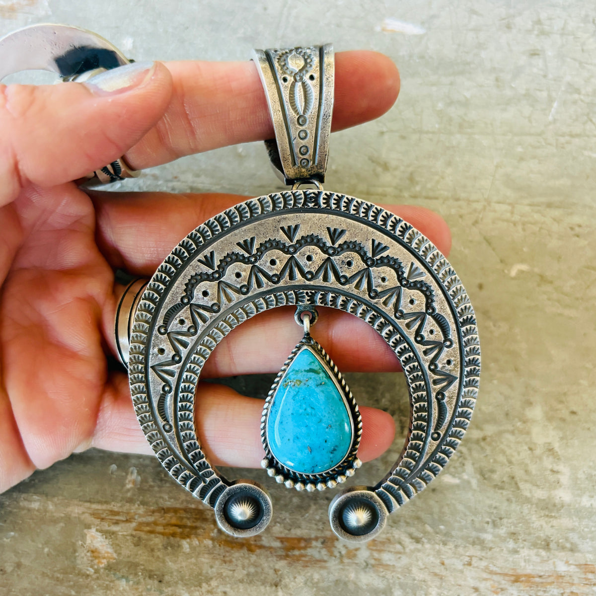 Navajo Herman Smith Sterling Silver & Kingman Turquoise Naja Pendant
