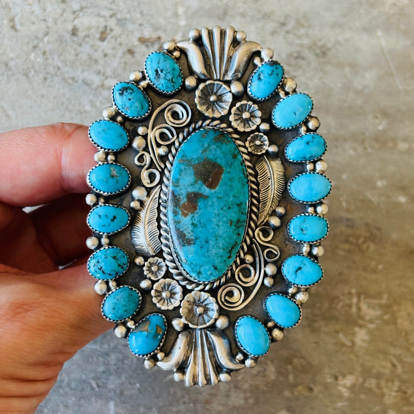 Navajo Kindale Billah Sterling Silver & Kingman Cluster Statement Ring