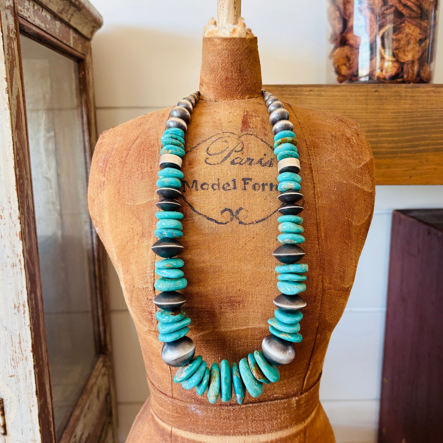Navajo Rose Martin Sterling Silver & Kingman Turquoise Handmade Pearls Necklace