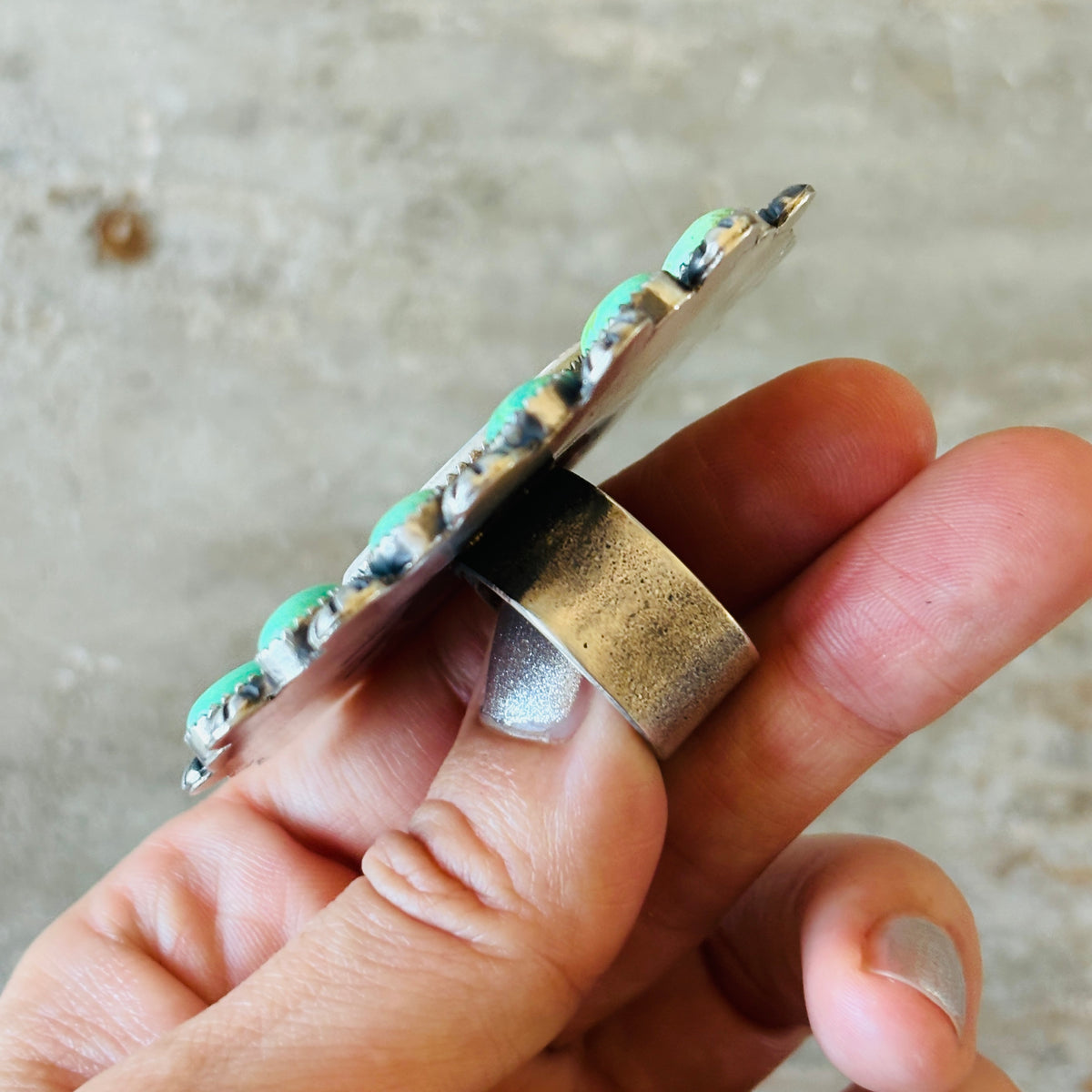 Navajo Kindale Billah Sterling Silver - Ceramic & Mojave Campitos Turquoise Floral Cluster Ring