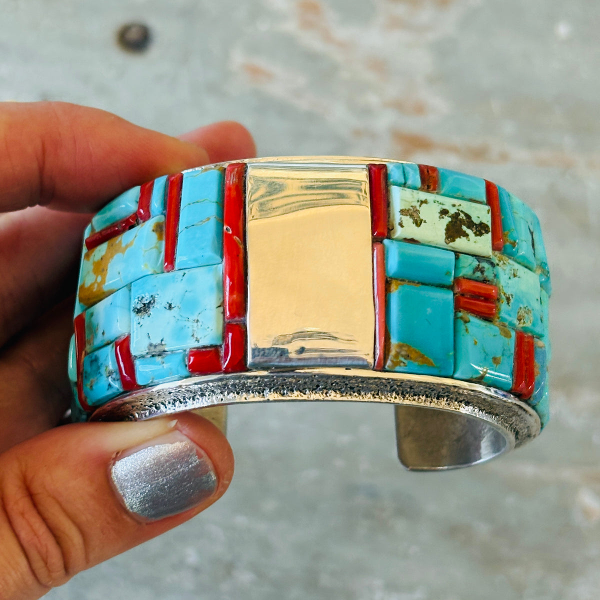 Navajo Lester James Sterling Silver - Red Coral & Multi Turquoise Cobblestone Cuff