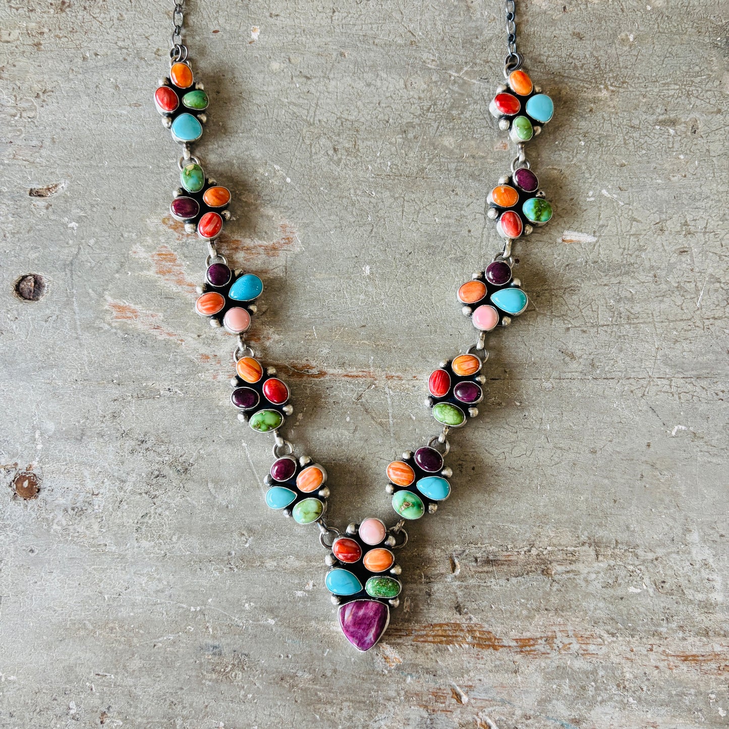 Navajo Paul Livingston Sterling Silver Multi Stone Cluster Necklace Set