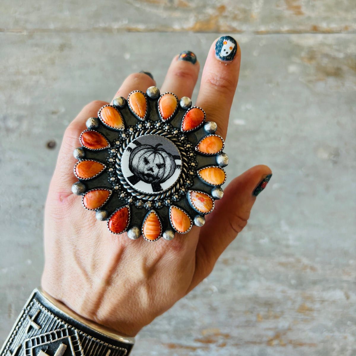 Navajo Kindale Billah Sterling Silver - Ceramic & Orange Spiny Oyster Cluster Pumpkin Ring