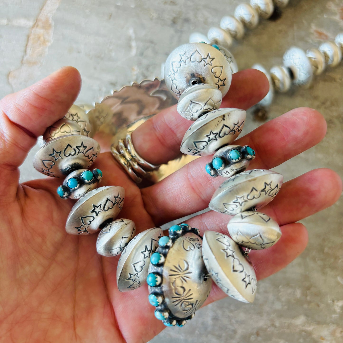 Navajo Monika Smith Sterling Silver & Kingman Turquoise Hearts - Stars Graduated Handmade Pearls