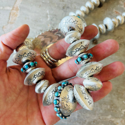 Navajo Monika Smith Sterling Silver & Kingman Turquoise Hearts - Stars Graduated Handmade Pearls