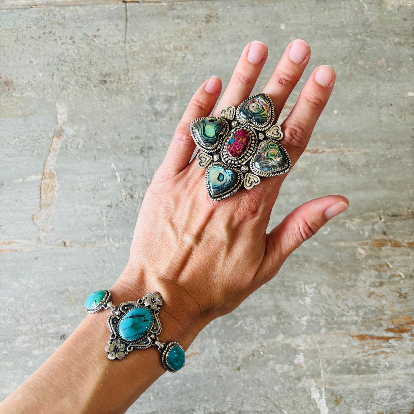 Navajo Brenda Jimenez Sterling Silver & Kingman Turquoise Floral Panel Bracelet