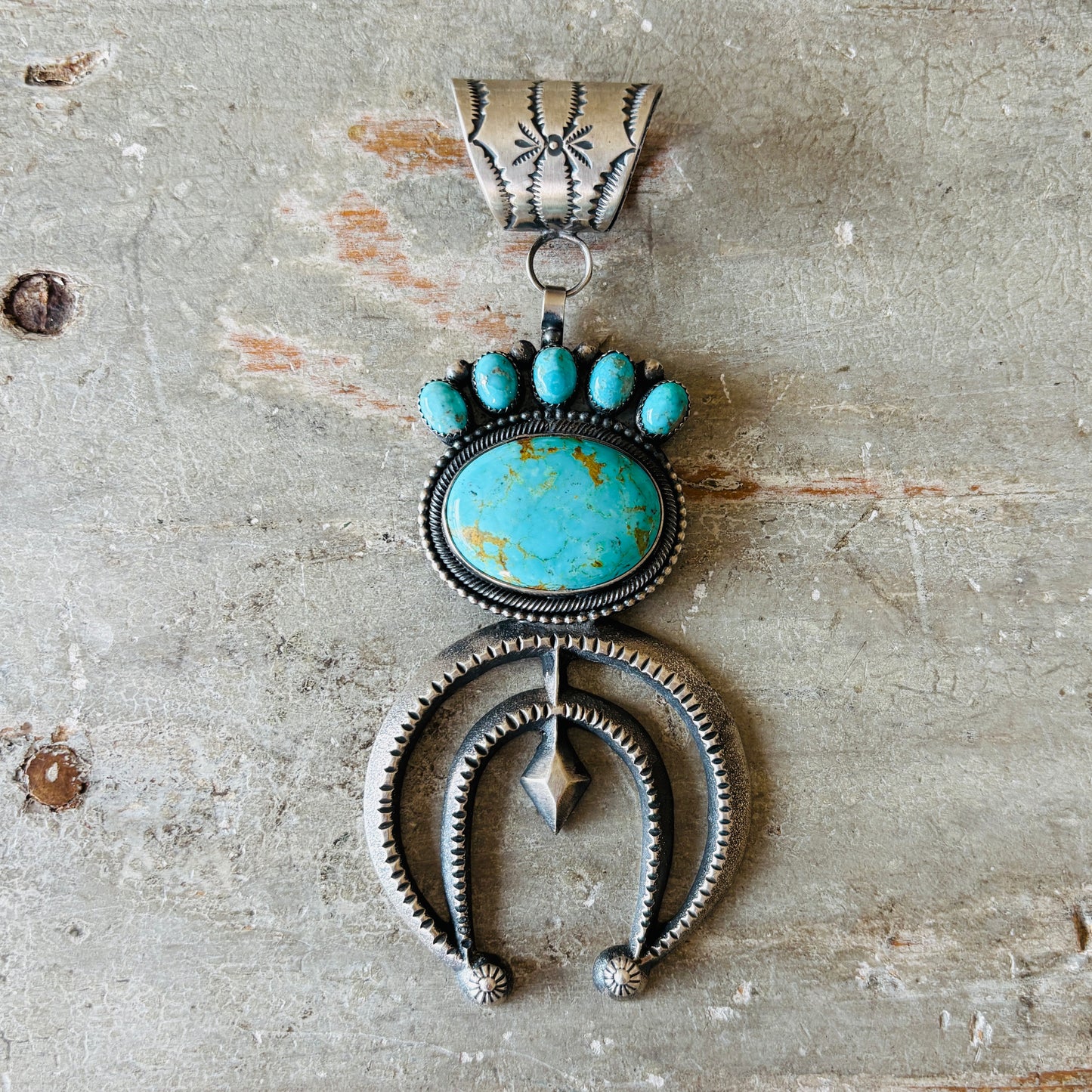 Navajo Hemerson Brown Sterling Silver & Kingman Turquoise Cluster Naja Pendant