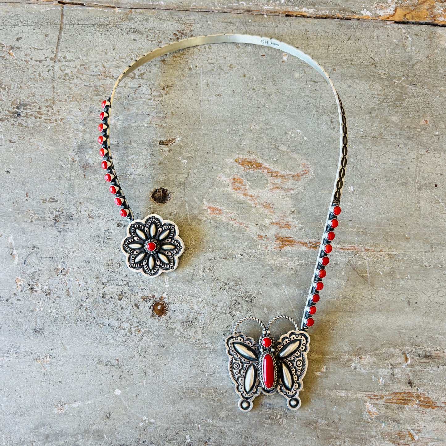 Navajo Hemerson Smith Sterling Silver & Red Coral Butterfly Collar Necklace