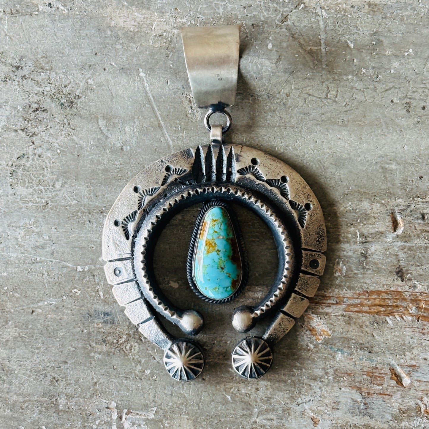 Navajo Hemerson Brown Sterling Silver & Kingman Turquoise Naja Pendant