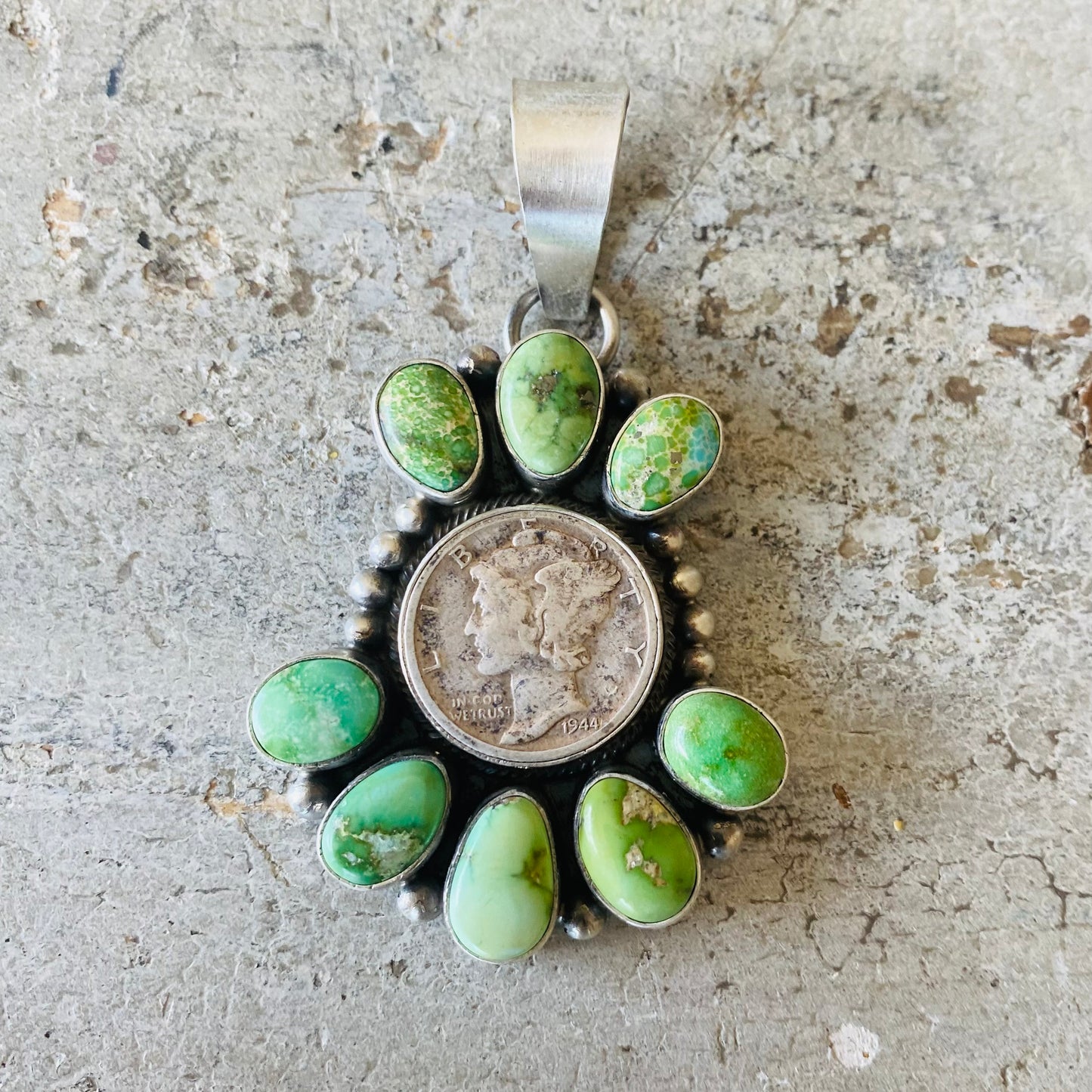 Navajo Dave Skeets Sterling Silver & Sonoran Gold Turquoise Liberty Coin Cluster Pendant