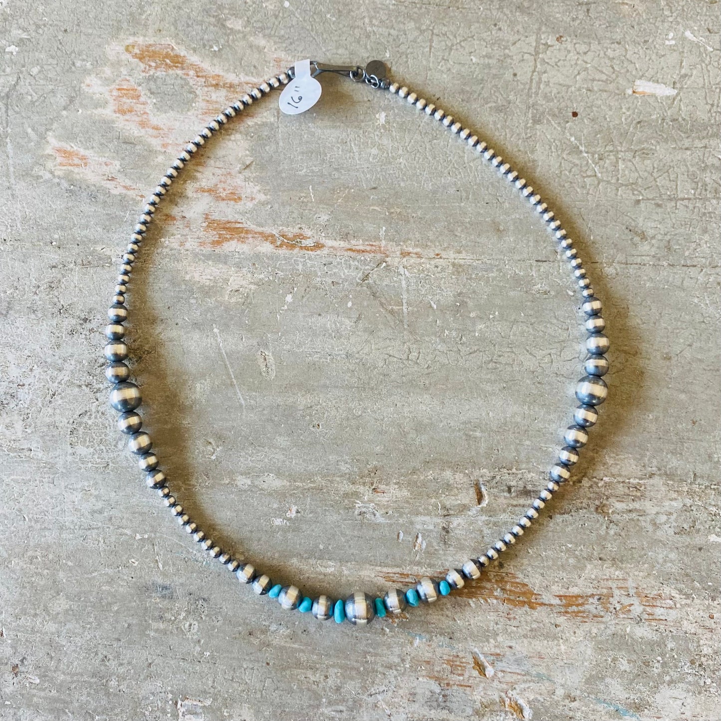 Native Strung Sterling Silver & Turquoise Machine Made Graduated Pearls Necklace