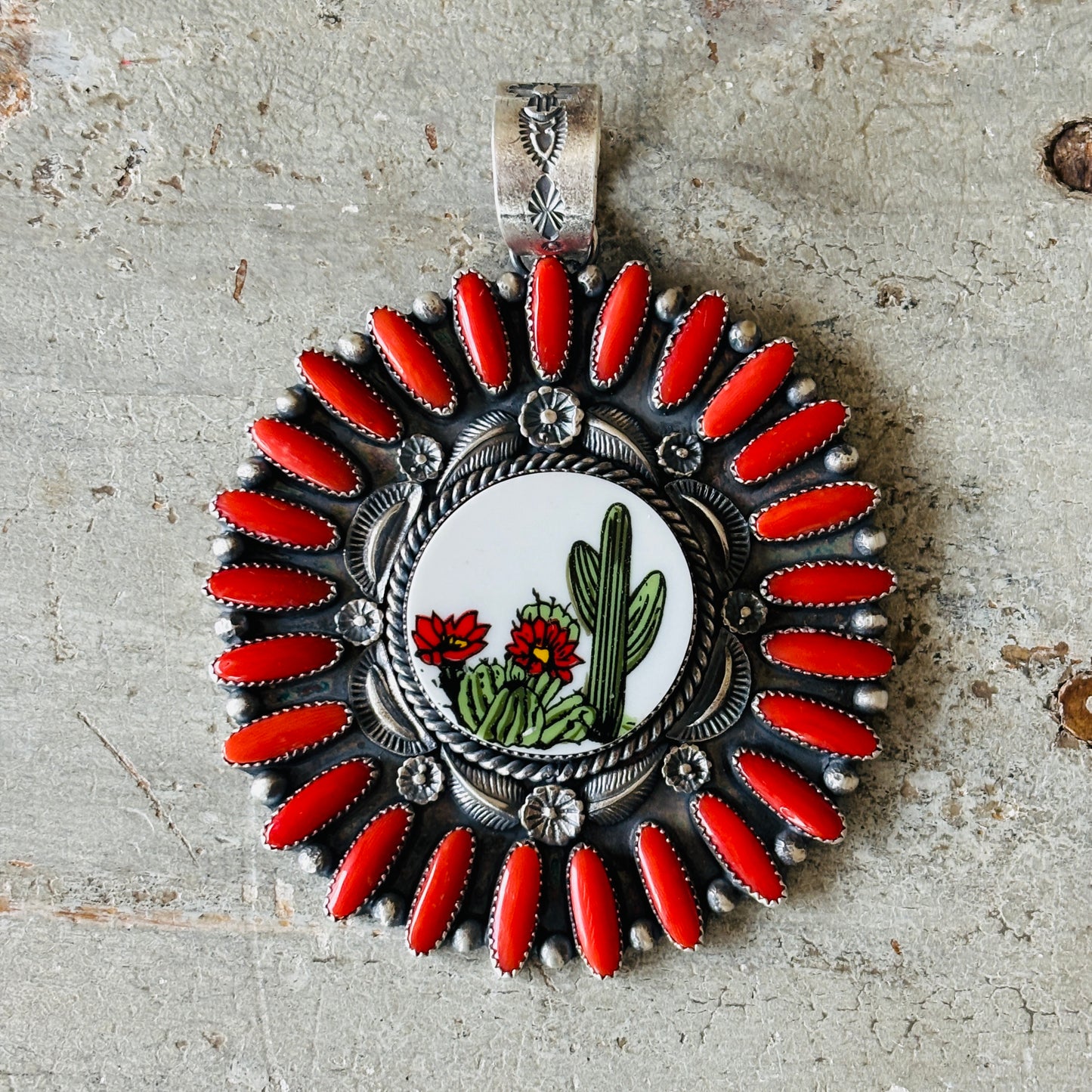 Navajo Kindale Billah Sterling Silver - Ceramic & Mediterranean Red Coral Cactus Pendant