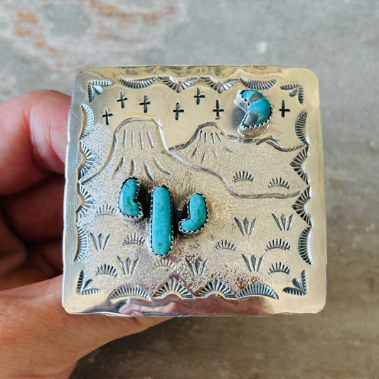 Navajo Hemerson Brown Sterling Silver & Kingman Turquoise Cactus Ring