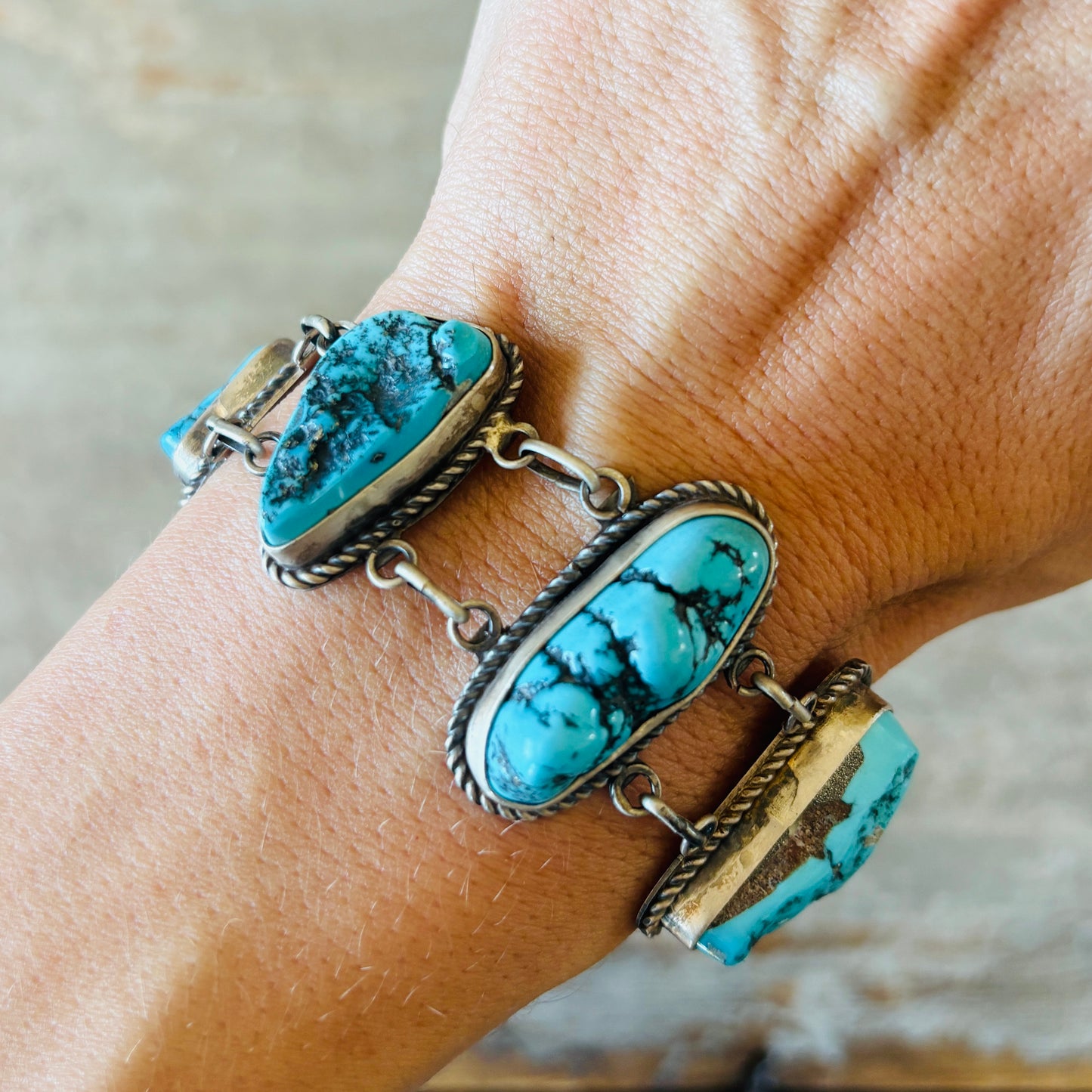 Navajo La Rose Ganadonegro Sterling Silver & Sleeping Beauty Turquoise Panel Bracelet