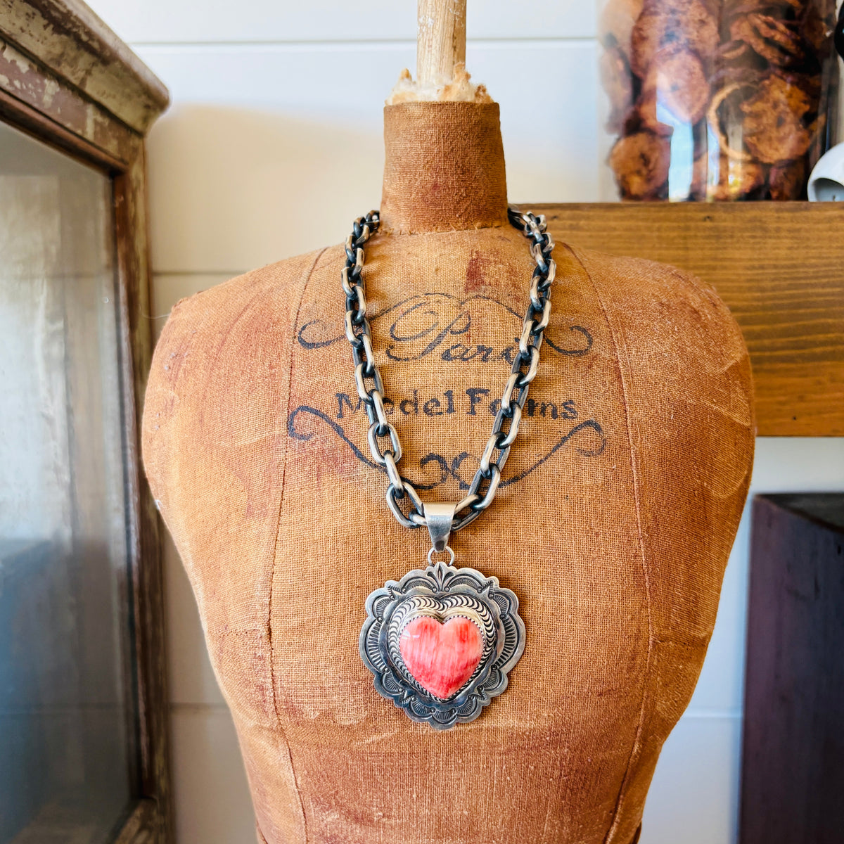 Navajo Arnold Blackgoat Sterling Silver & Red Spiny Oyster Heart Pendant
