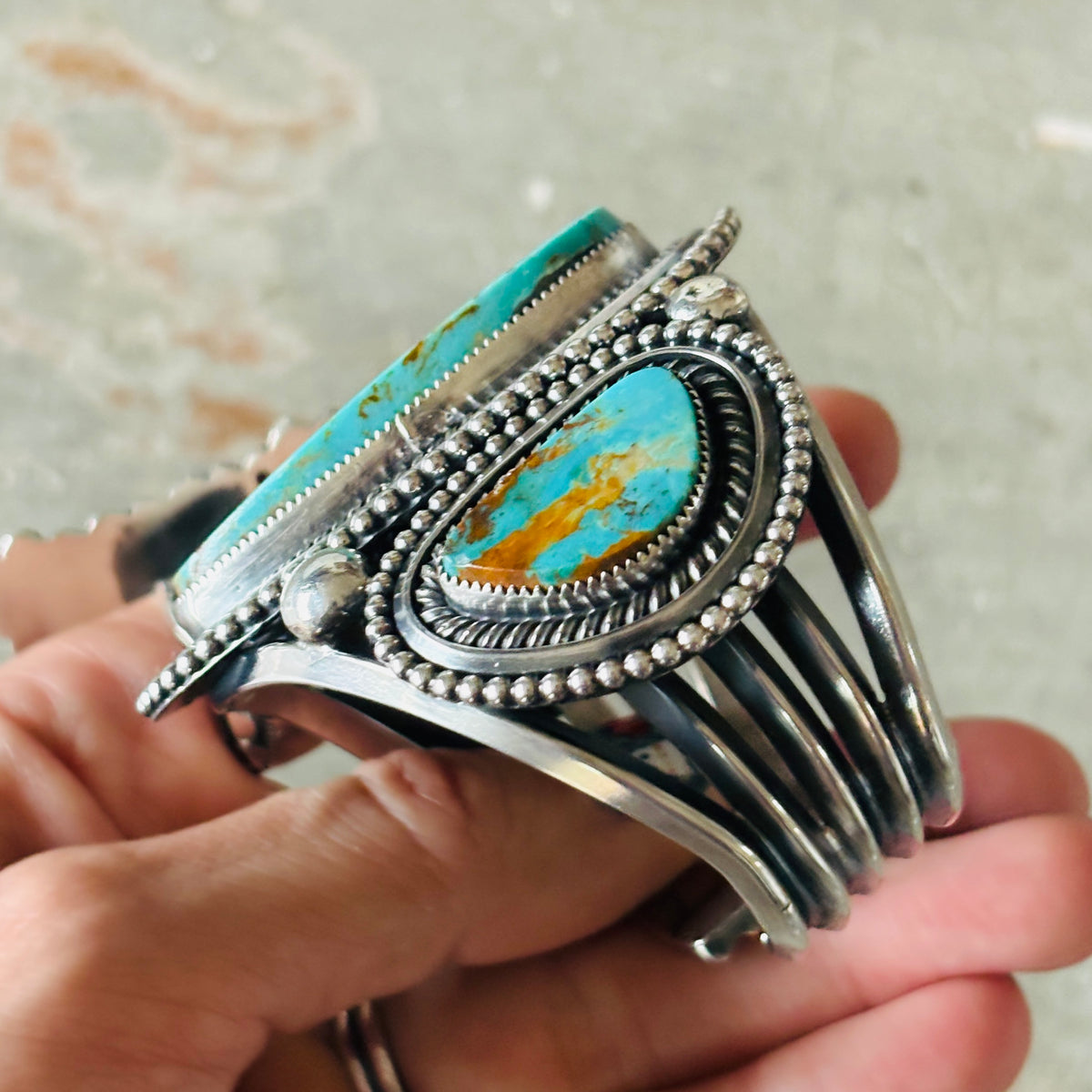 Navajo Glenn Livingston Sterling Silver & Kingman Turquoise Statement Cuff