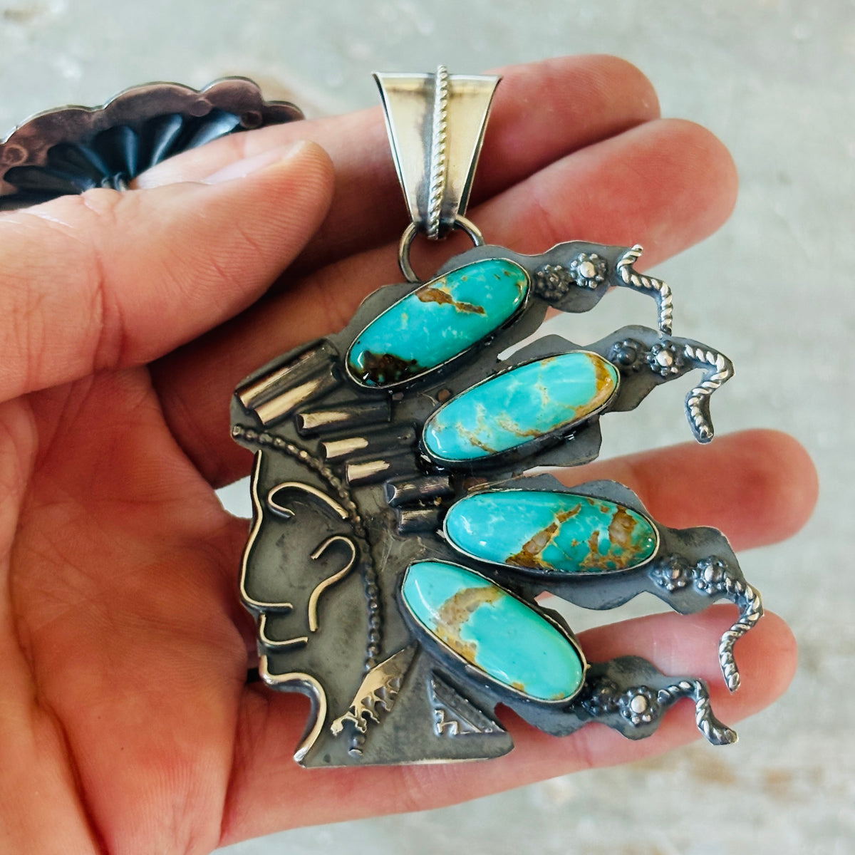 Navajo Miranda Willie Sterling Silver & Kingman Turquoise Kachina Pendant