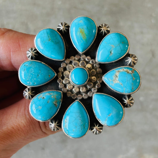 Navajo Aaron Talis Sterling Silver & Blue Ridge Turquoise Floral Cluster Ring