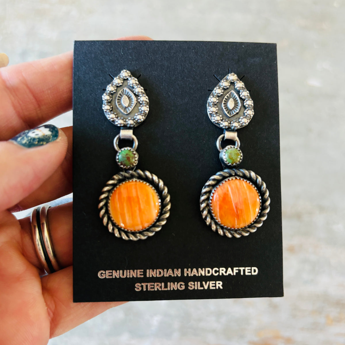 Navajo Kindale Billah Sterling Silver - Orange Spiny Oyster & Turquoise Pumpkin Earrings