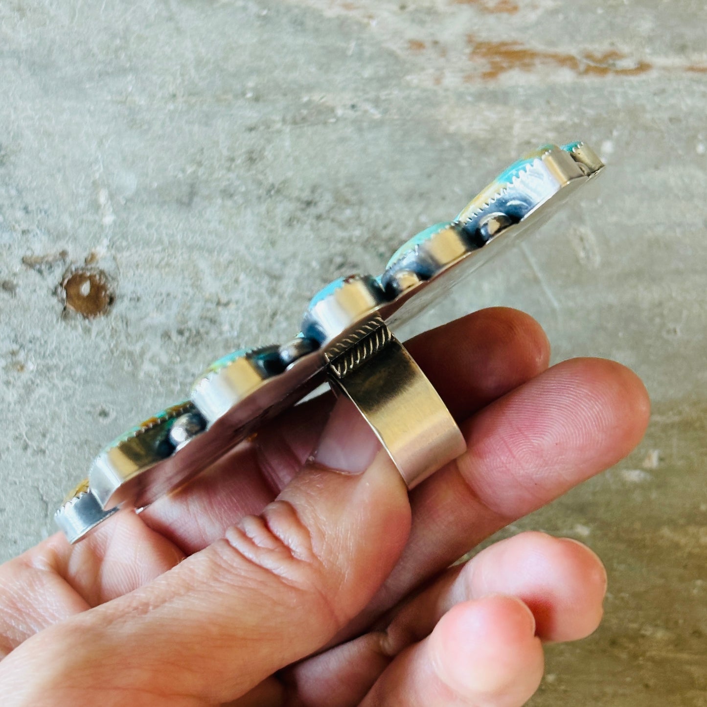 Navajo Brenda Pete Sterling Silver & Mixed Nevada Turquoise Cluster Ring