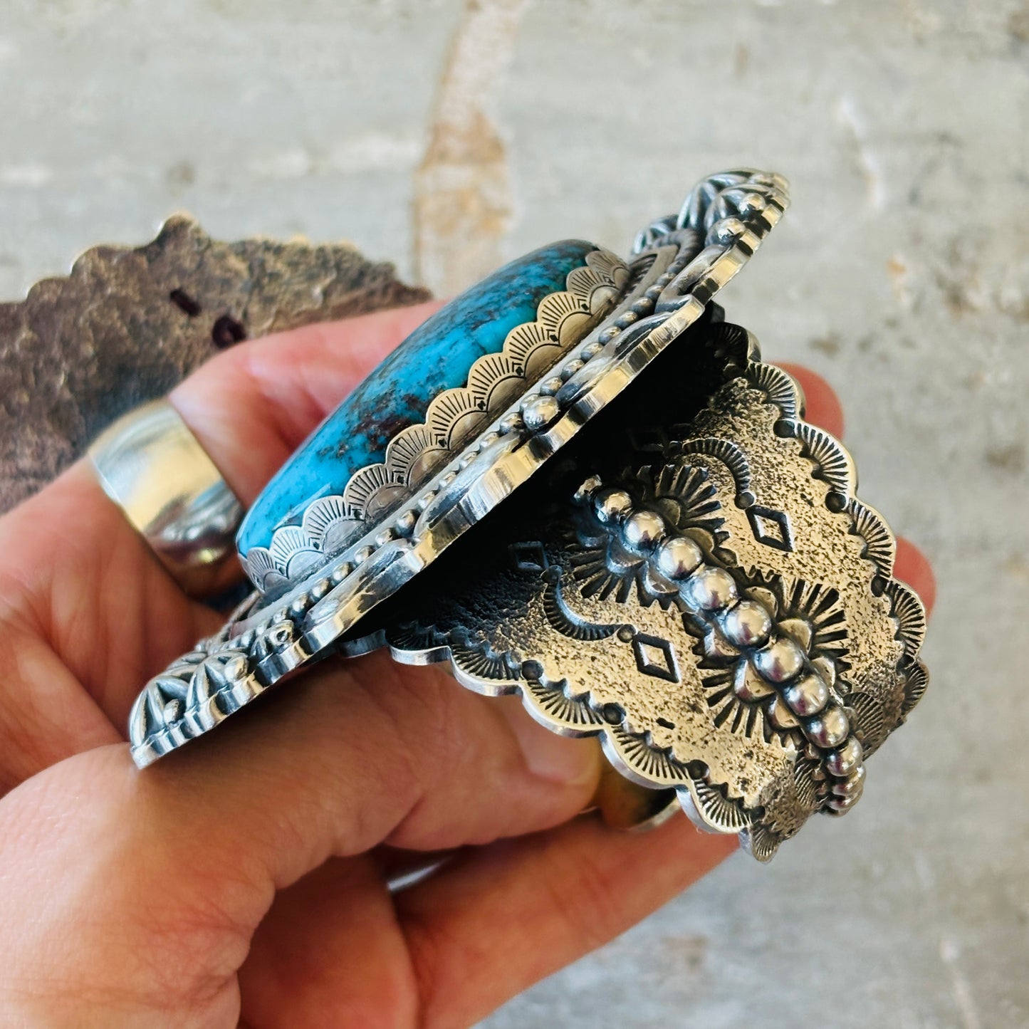 Navajo Glenn Livingston Sterling Silver & Desert Rose Turquoise Statement Cuff