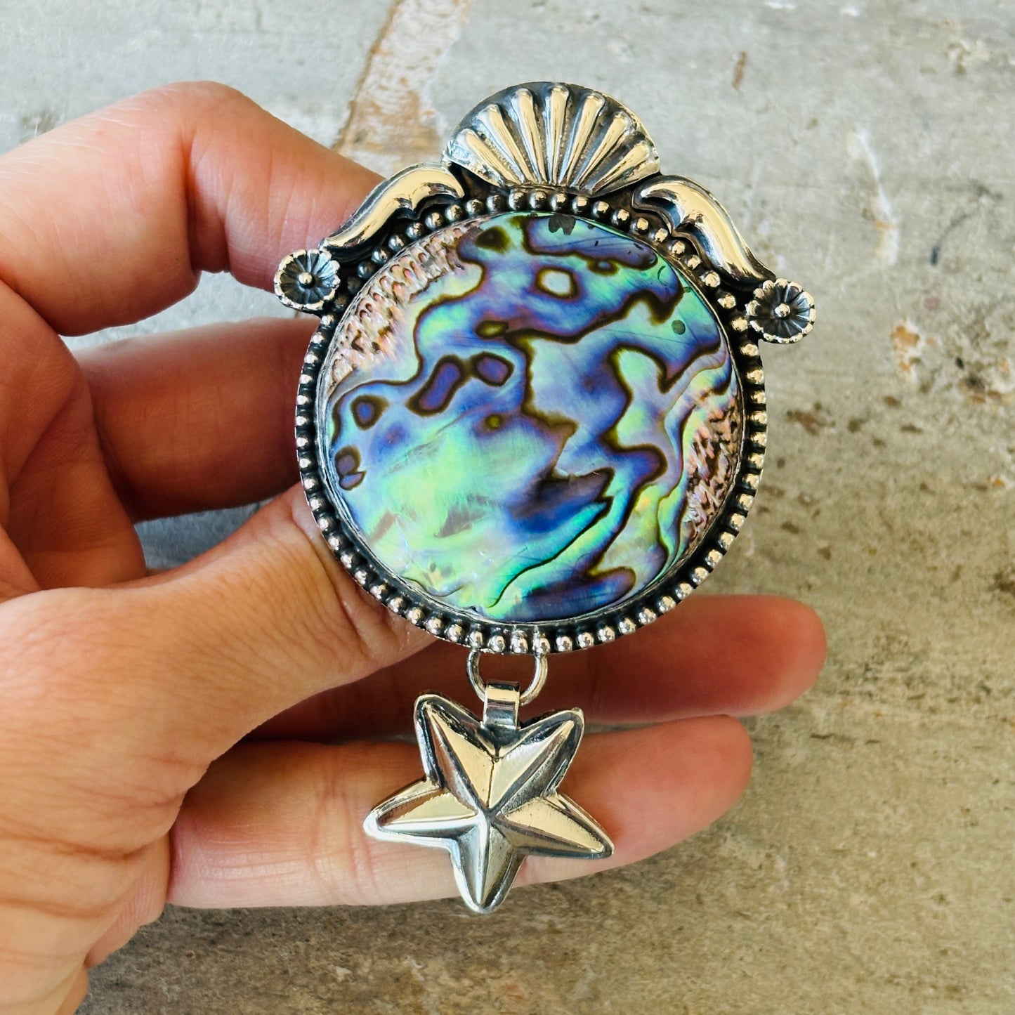 Navajo Hemerson Brown Sterling Silver & Abalone Shell Star Charm Ring