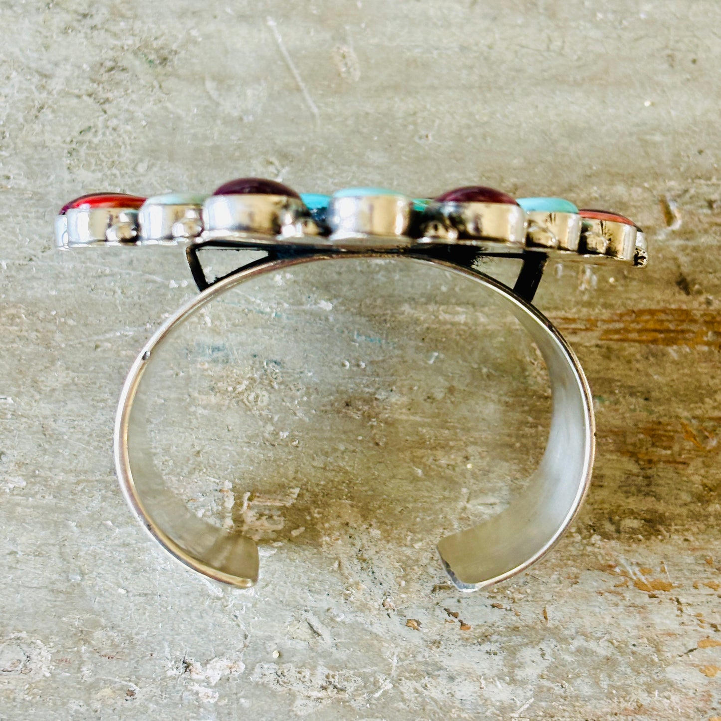 Navajo Hemerson Brown Sterling Silver - Orange - Purple Spiny & Kingman Turquoise Heart Cobblestone Cuff