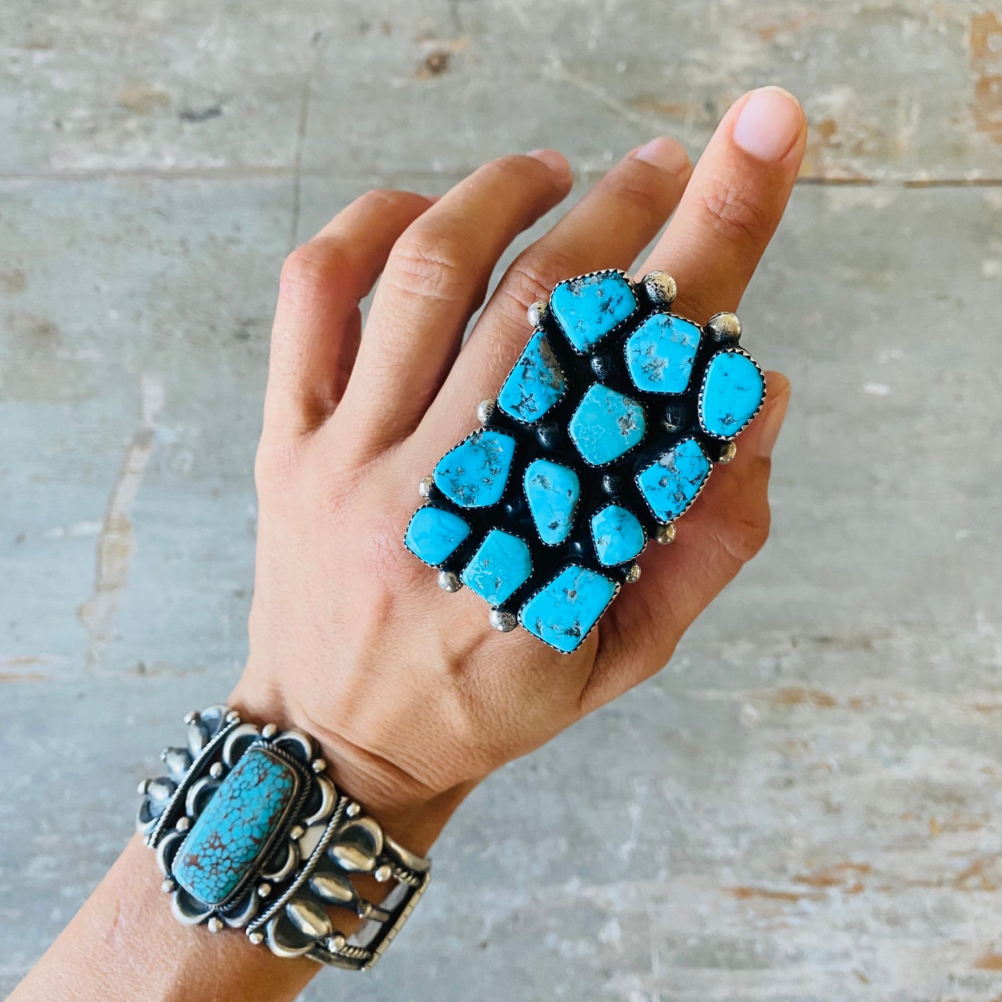 Navajo Marcus Chauvez Sterling Silver & Kingman Turquoise Cluster Ring