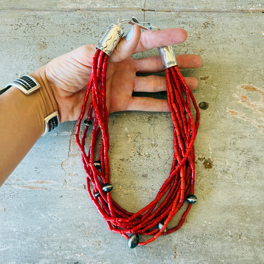 Navajo Tonya June Rafael Sterling Sterling & Red Coral 10 Strand Handmade Pearls Statement Necklace