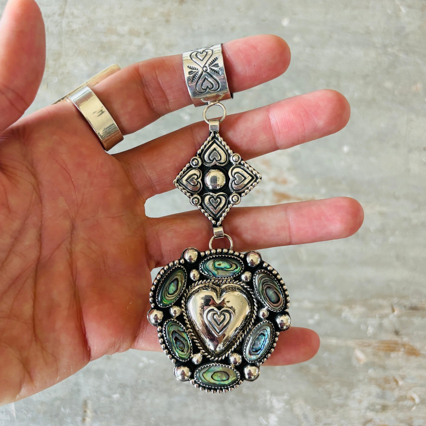 Navajo Hemerson Brown Sterling Silver & Abalone Shell Hearts Pendant