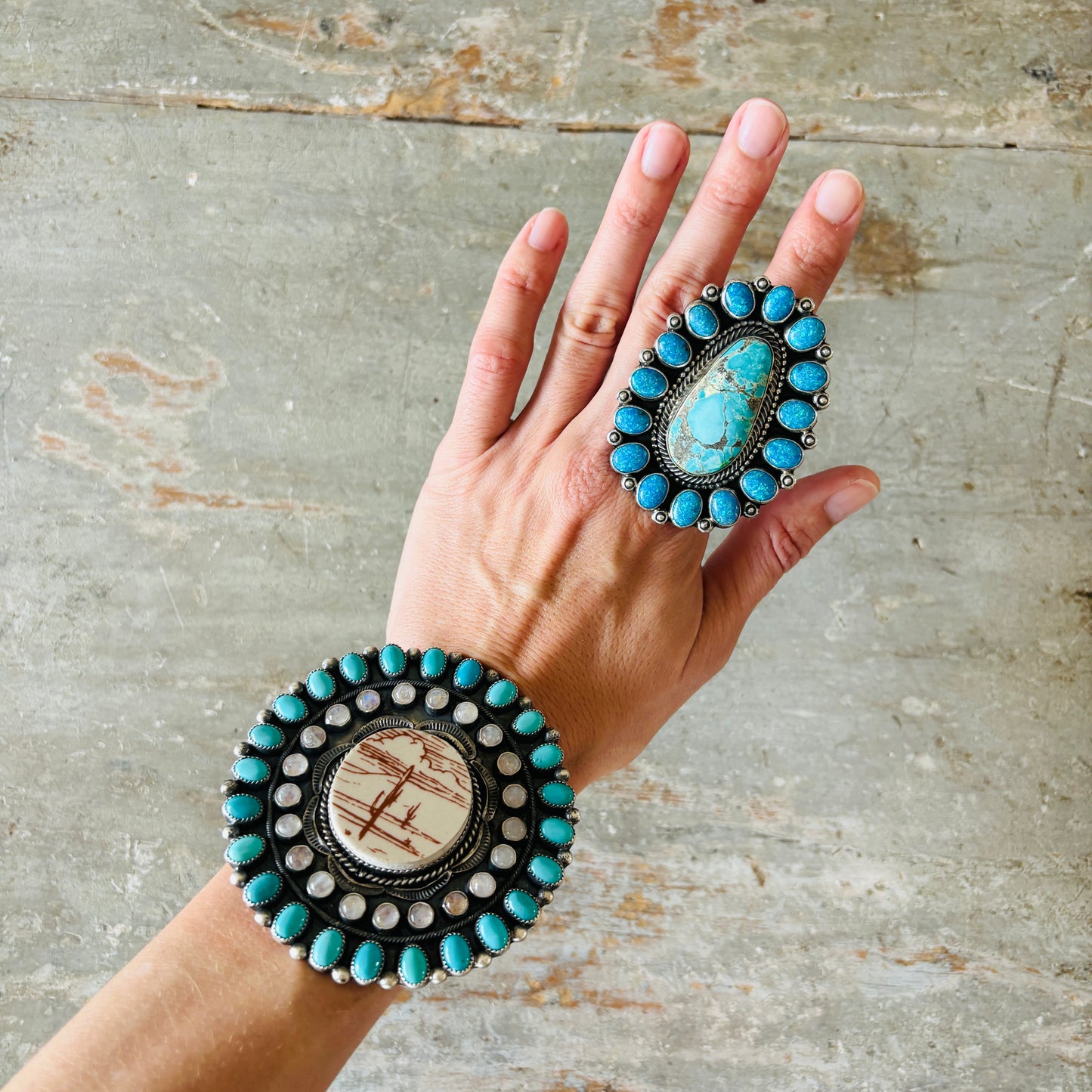 Navajo Kindale Billah Sterling Silver - Ceramic - Moonstone & Kingman Turquoise Cluster Cuff