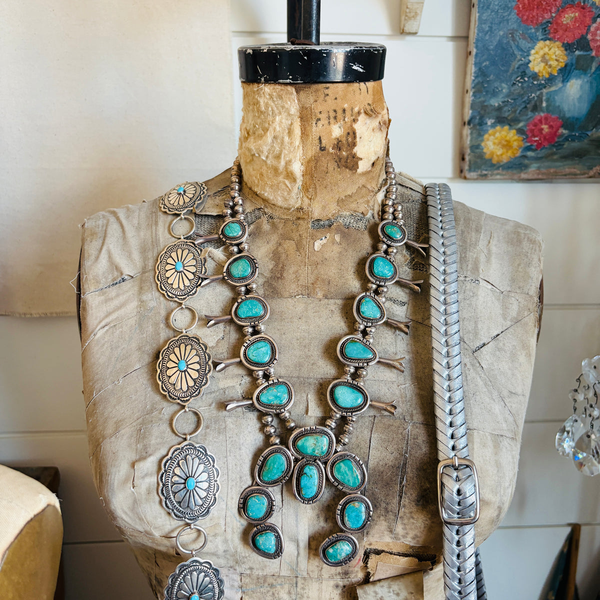 Vintage 1970s Navajo Sterling Silver & Nevada Turquoise Squash Blossom Necklace